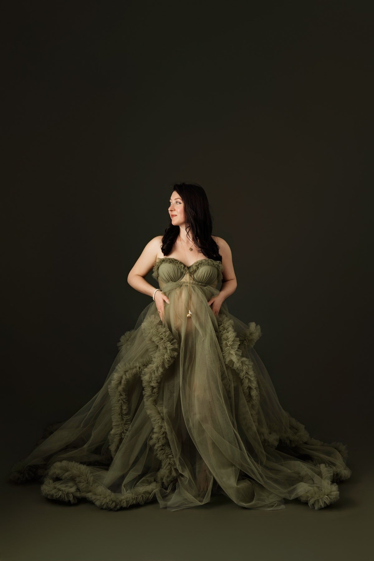 Portrait de grossesse en robe verte au studio photo de Caumont
