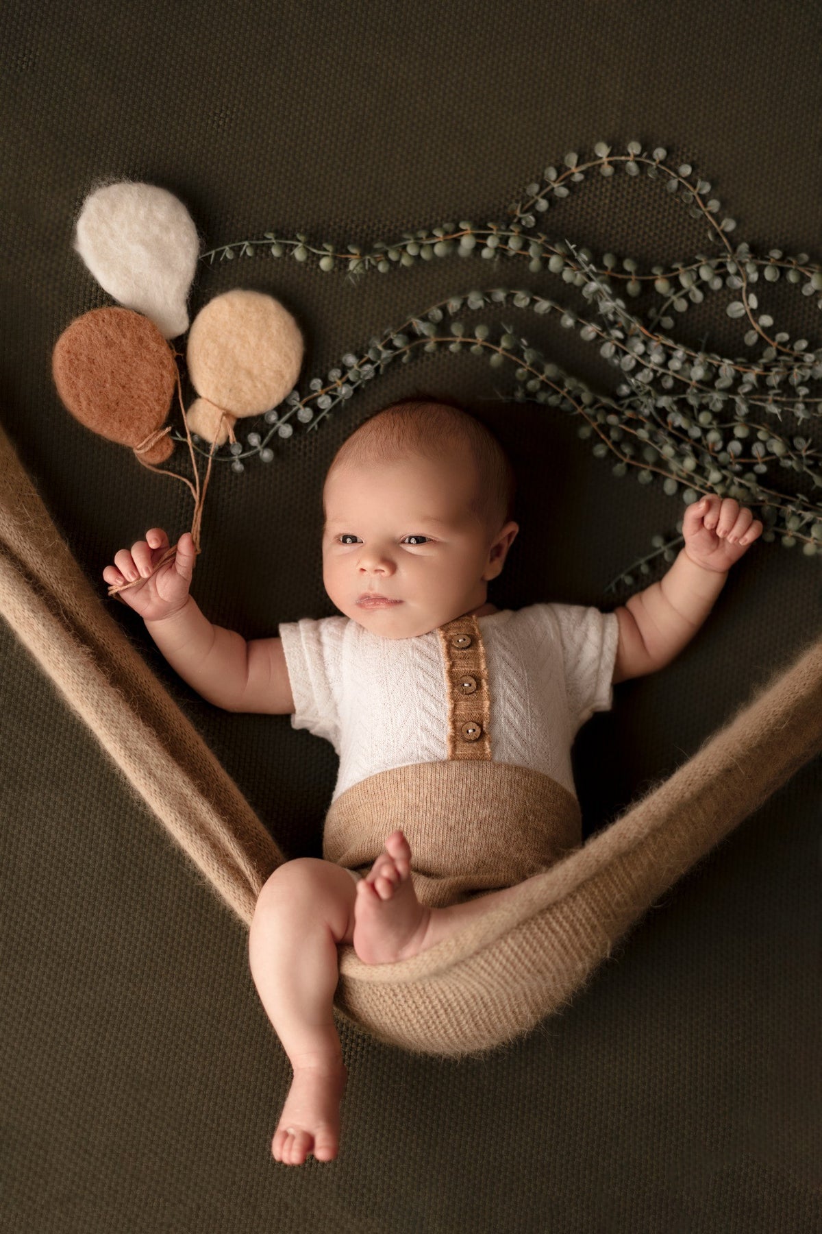Portrait de bébé allongé dans un décor naturel vert et beige